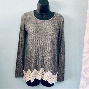 Rewind Gray Ribbed Long Sleeve Shirt Lace Hem  Size XS